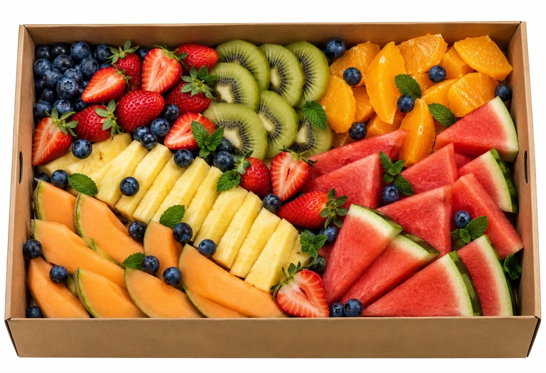 Box of cut seasonal fruit
